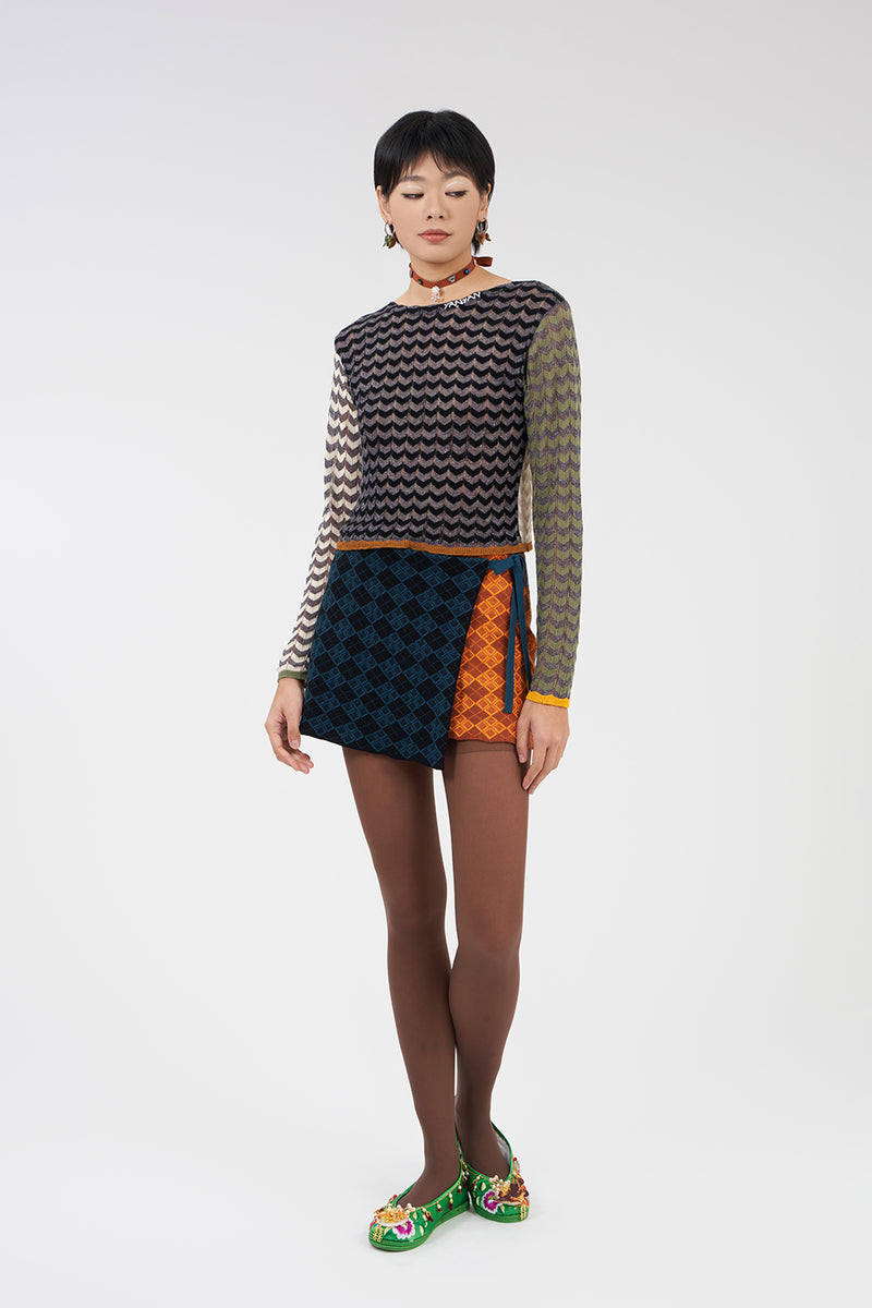 Argyle Wrap Mini Skirt in Colorblock Multi Jacquard