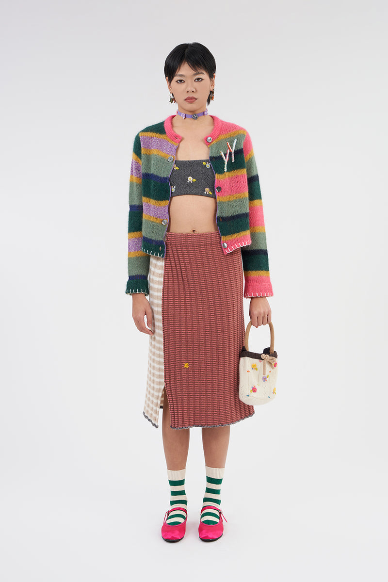 **YANYAN KNITS FOR JOYCE** Rib Midi Skirt in Oat/Rose Stripe Lambswool