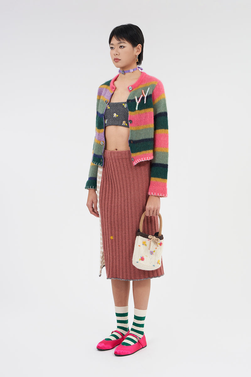 **YANYAN KNITS FOR JOYCE** Rib Midi Skirt in Oat/Rose Stripe Lambswool