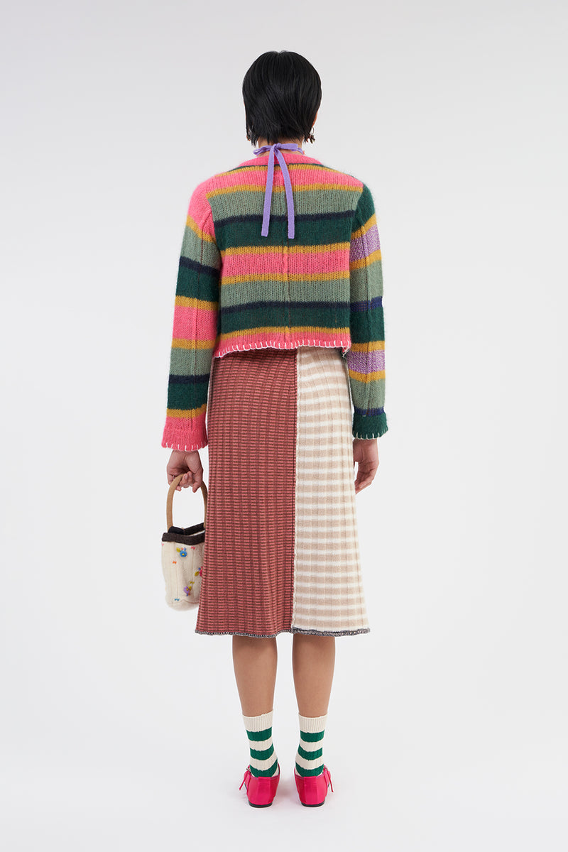 **YANYAN KNITS FOR JOYCE** Rib Midi Skirt in Oat/Rose Stripe Lambswool