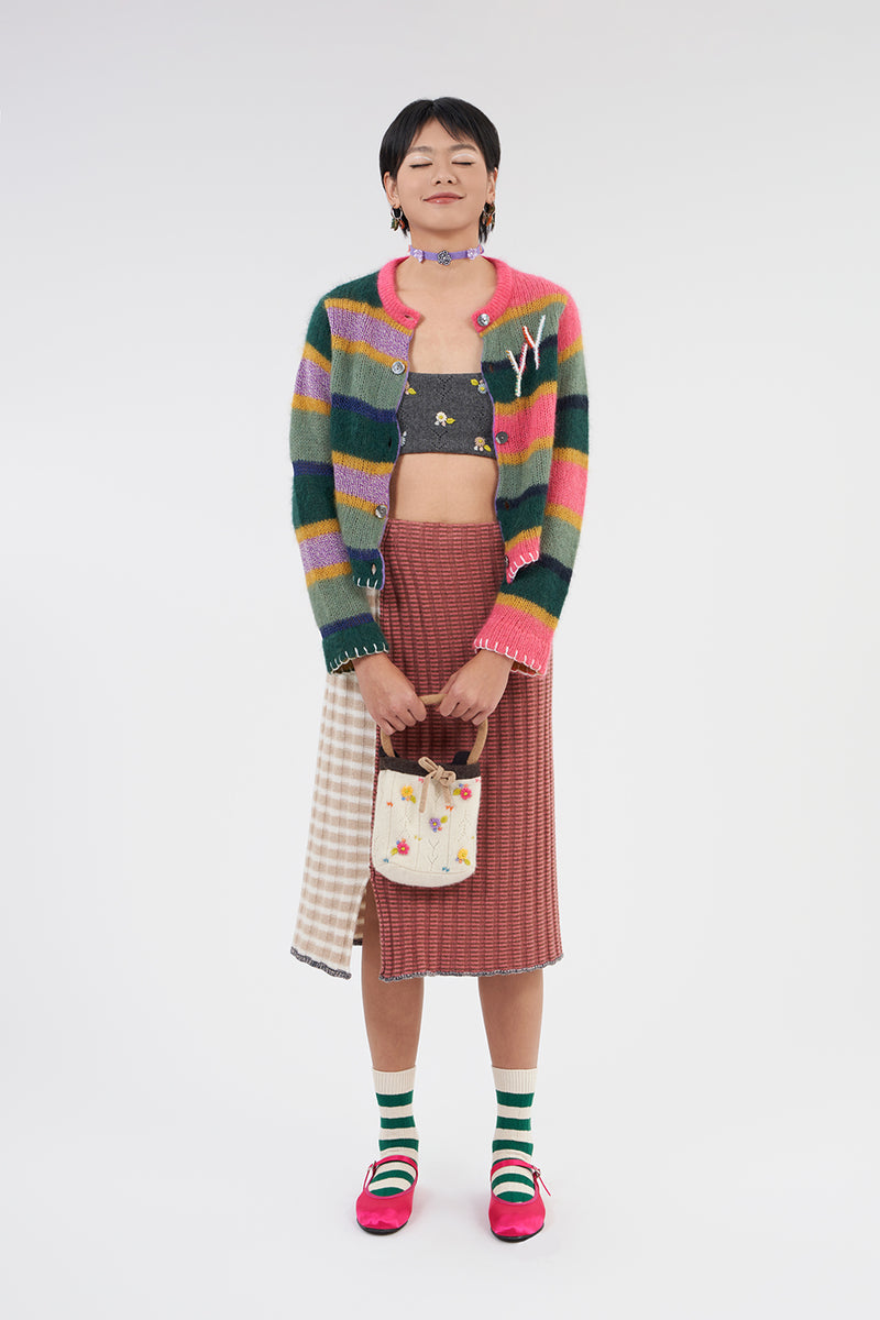 **YANYAN KNITS FOR JOYCE** Rib Midi Skirt in Oat/Rose Stripe Lambswool