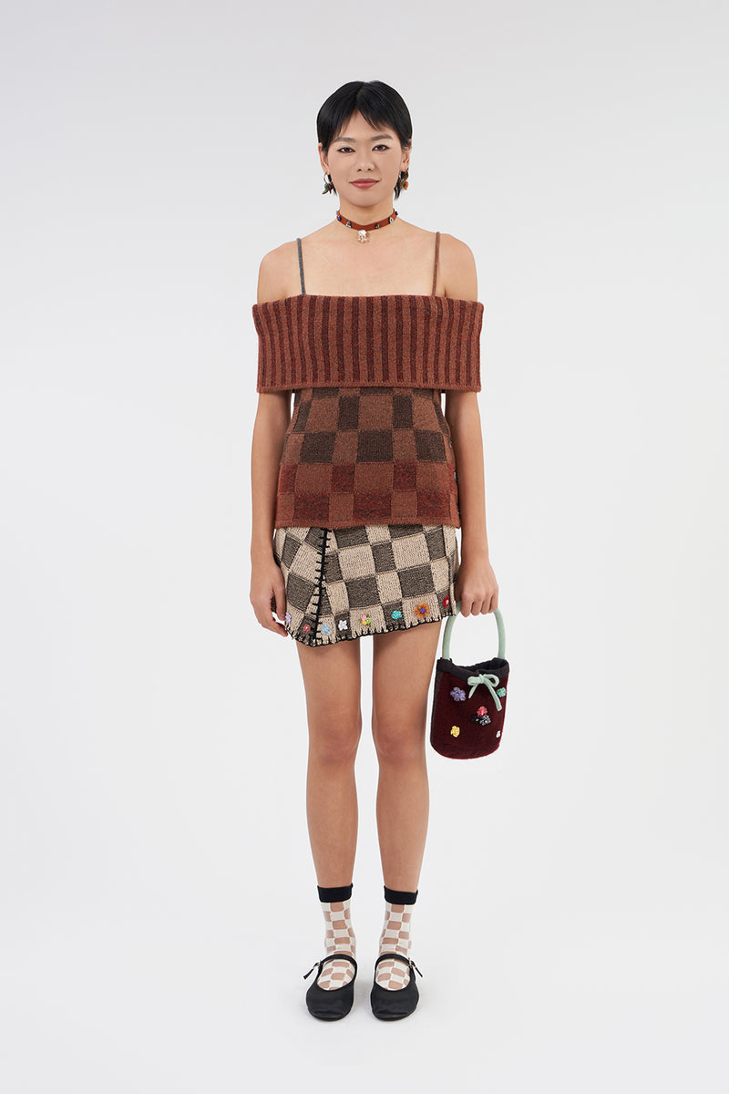 Fireworks Mini Skirt in Brown/Oat Cotton Check