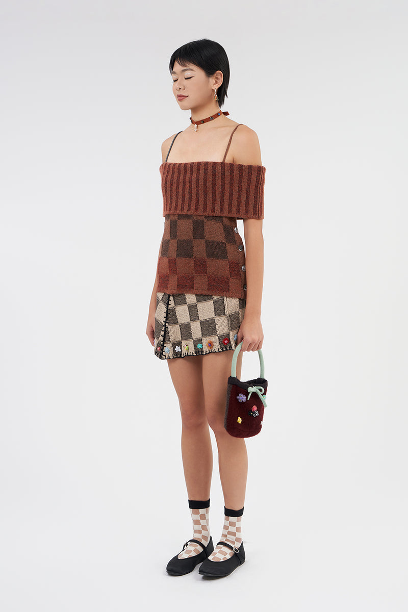 Fireworks Mini Skirt in Brown/Oat Cotton Check