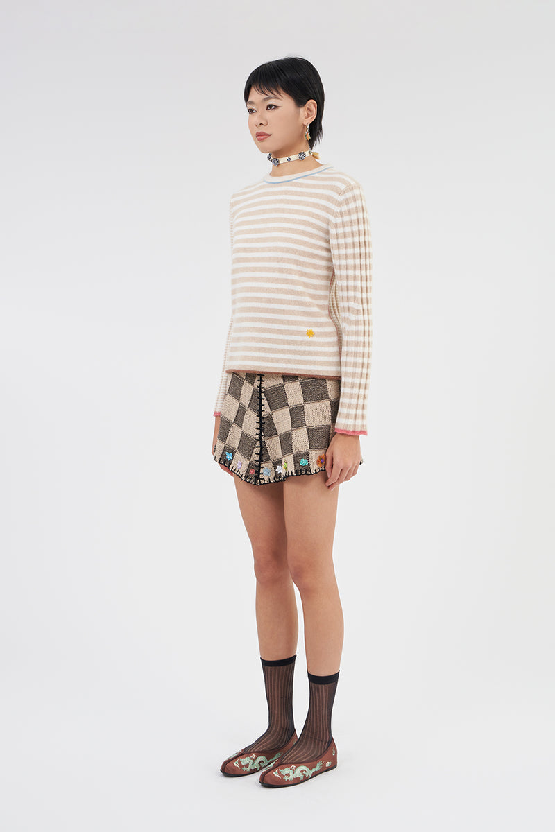 **YANYAN KNITS FOR JOYCE** Slim Long Sleeve Crew Pullover in White/Oat Stripe Lambswool