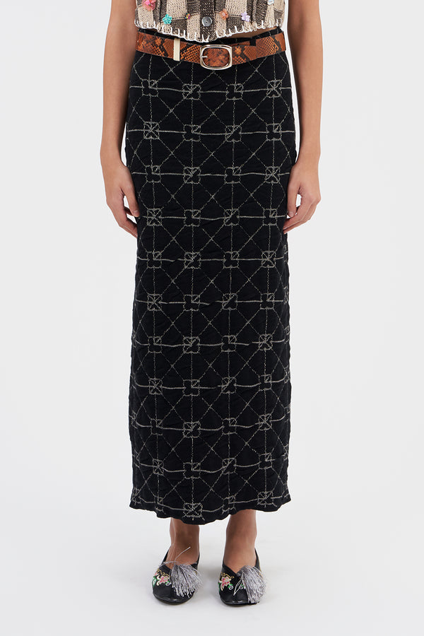 June Maxi Skirt in Black Crinkle Jacquard