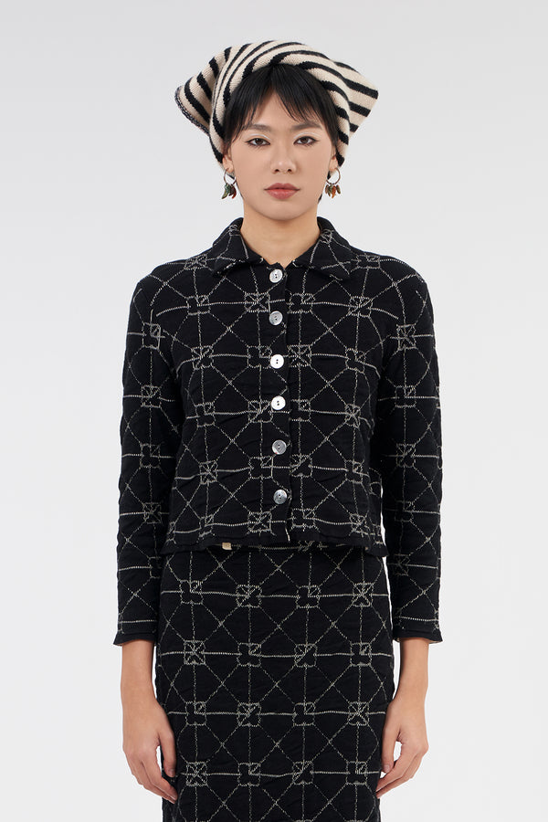 June Shrunken Work Jacket in Black Crinkle Jacquard