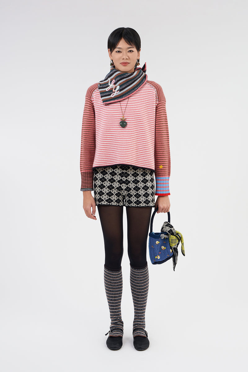 **YANYAN KNITS FOR JOYCE** Easy Long Sleeve Crew Pullover in Rose/Hazelnut Stripe Lambswool