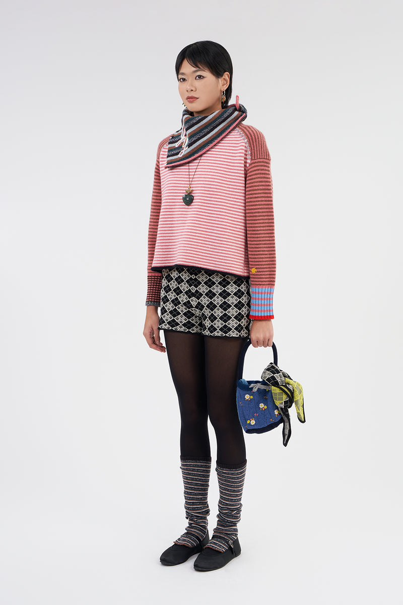 **YANYAN KNITS FOR JOYCE** Easy Long Sleeve Crew Pullover in Rose/Hazelnut Stripe Lambswool