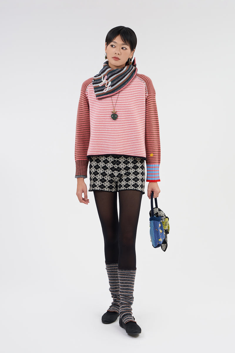 **YANYAN KNITS FOR JOYCE** Easy Long Sleeve Crew Pullover in Rose/Hazelnut Stripe Lambswool