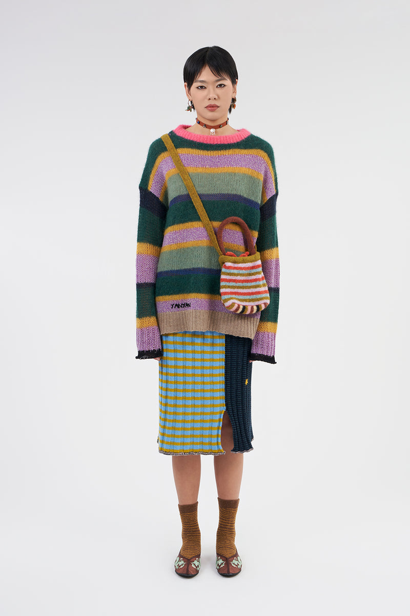 **YANYAN KNITS FOR JOYCE** Rib Midi Skirt in Blue/Navy Stripe Lambswool