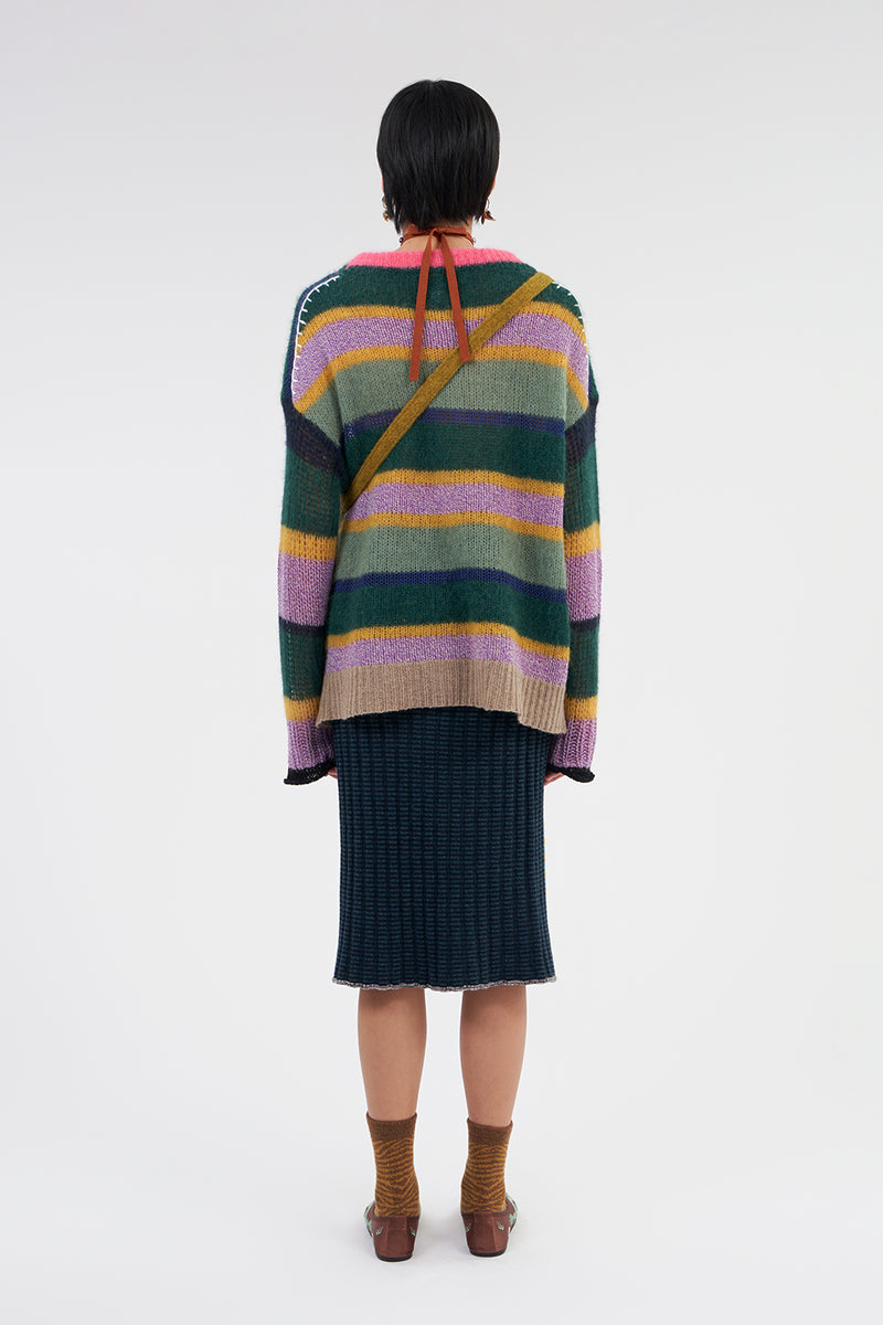 **YANYAN KNITS FOR JOYCE** Rib Midi Skirt in Blue/Navy Stripe Lambswool