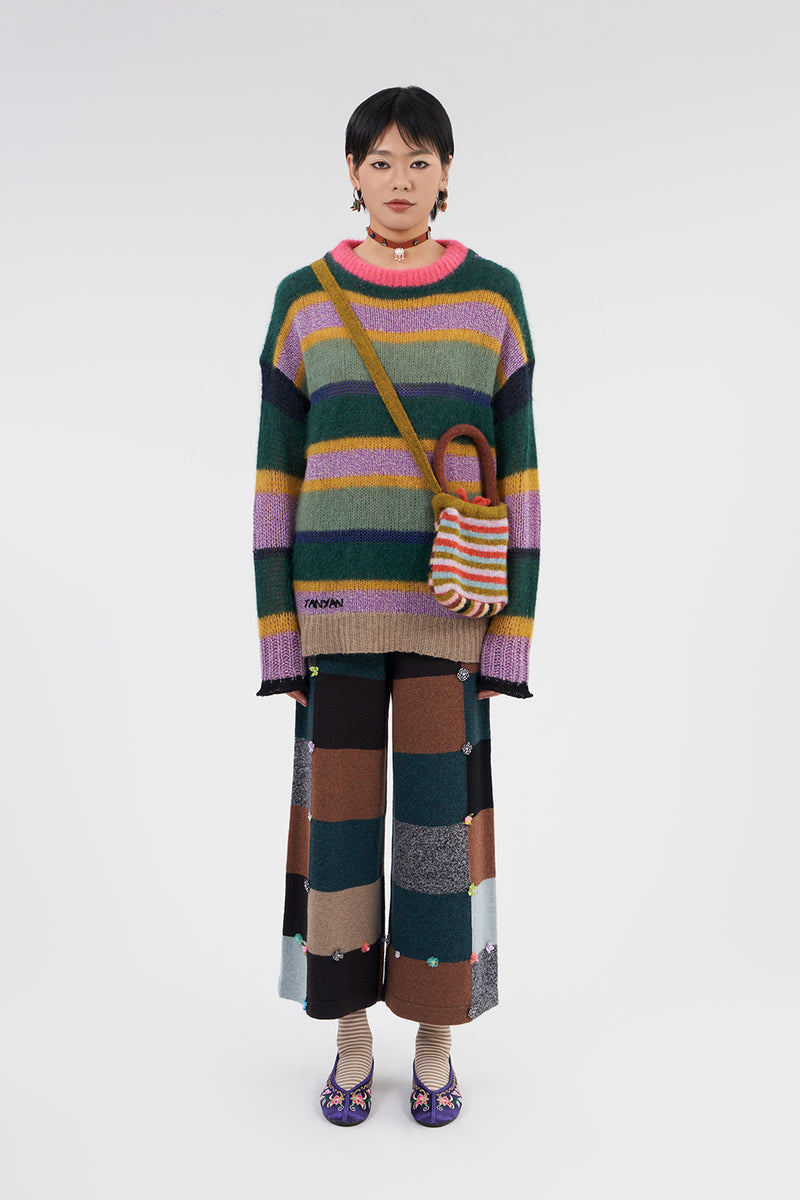 Alpaca Stripe Oversized Crew Pullover in Jade/Lilac Multistripe