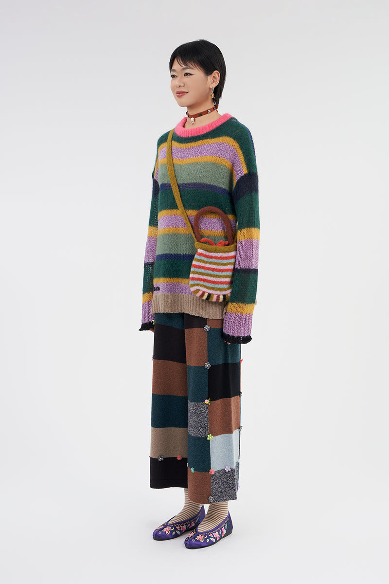 Alpaca Stripe Oversized Crew Pullover in Jade/Lilac Multistripe