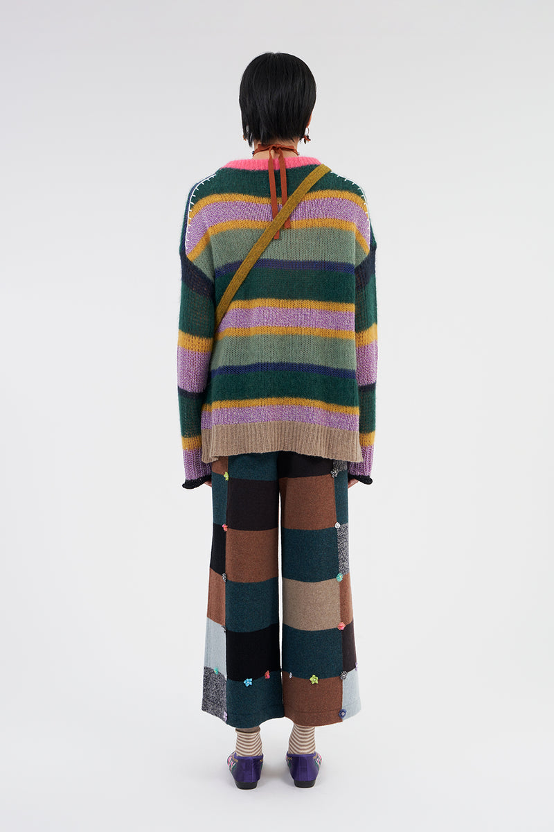 Alpaca Stripe Oversized Crew Pullover in Jade/Lilac Multistripe