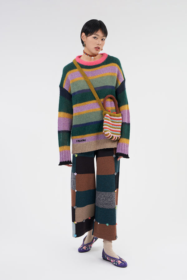 Alpaca Stripe Oversized Crew Pullover in Jade/Lilac Multistripe