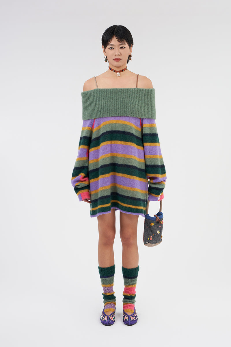 Alpaca Stripe Off-shoulder Dress in Jade/Lilac/Candy Multistripe