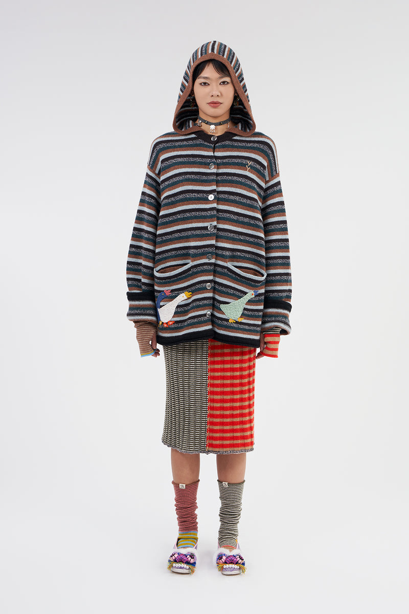 **YANYAN KNITS FOR JOYCE** Rib Midi Skirt in Poppy/Military Stripe Lambswool