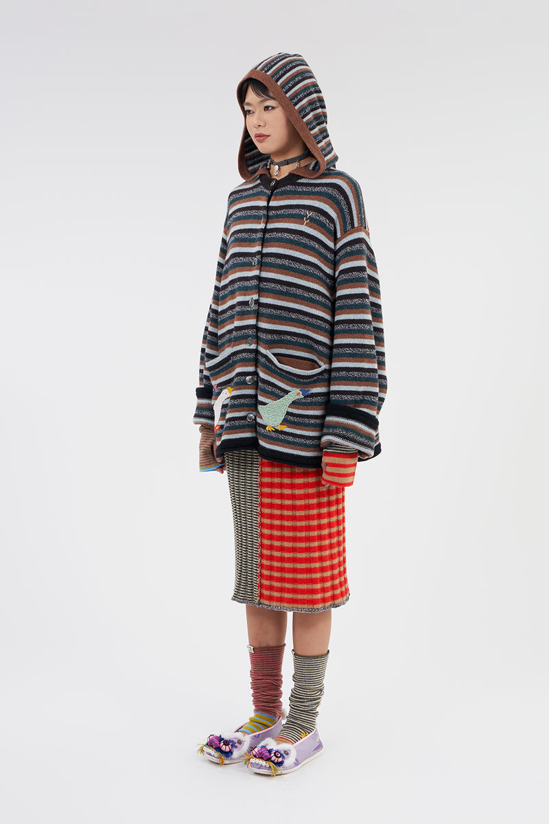 **YANYAN KNITS FOR JOYCE** Rib Midi Skirt in Poppy/Military Stripe Lambswool