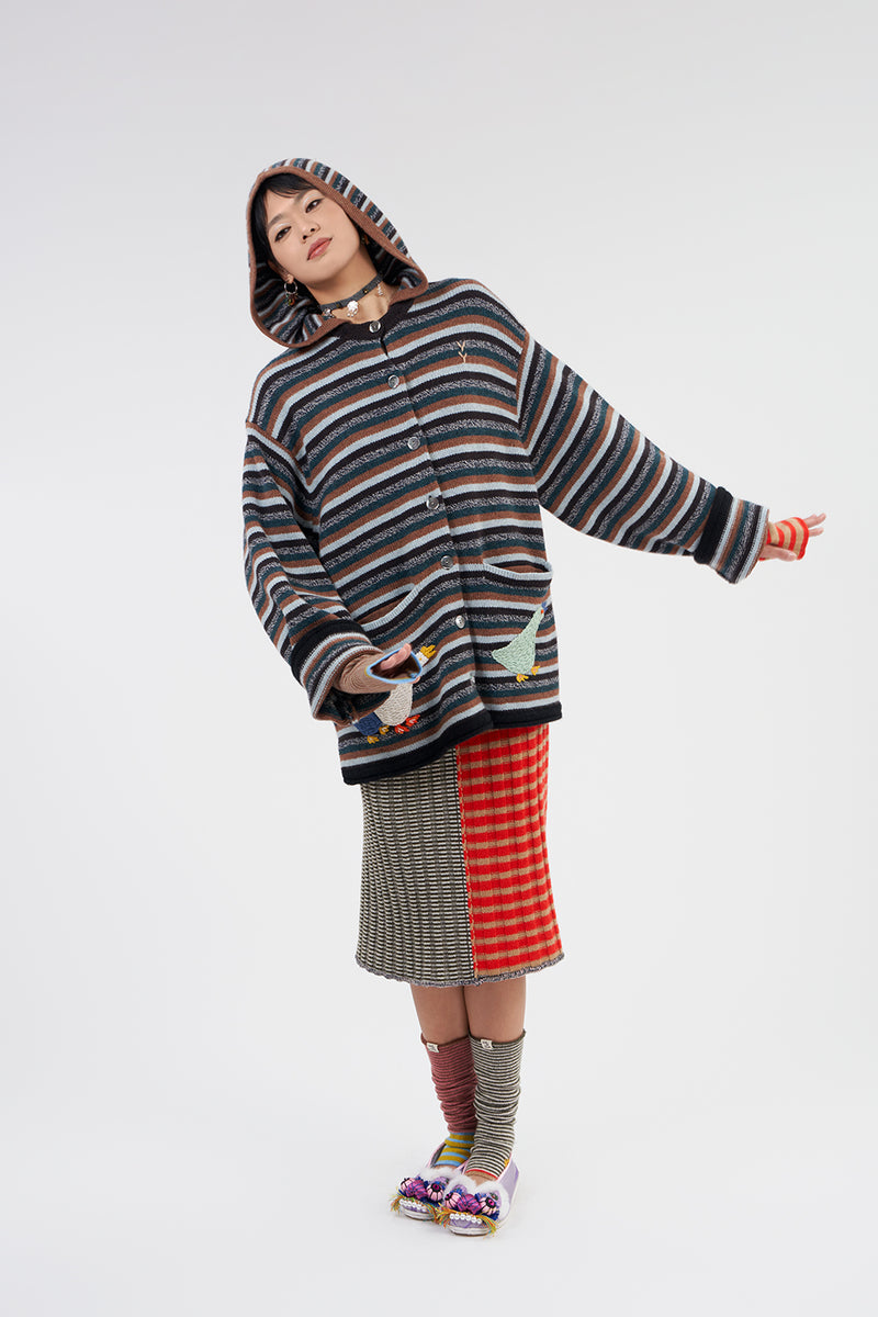 **YANYAN KNITS FOR JOYCE** Rib Midi Skirt in Poppy/Military Stripe Lambswool