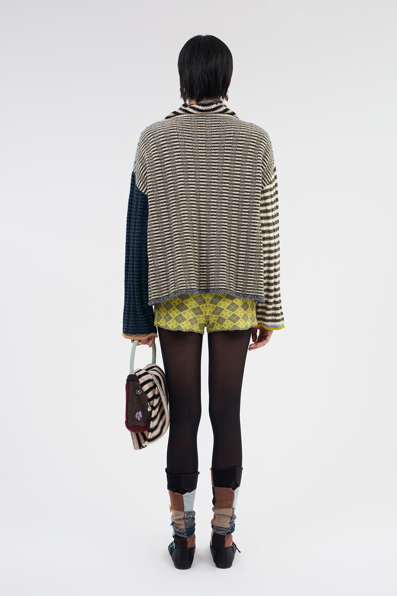 **YANYAN KNITS FOR JOYCE** Oversized Rib Turtleneck Pullover in Military/Navy Stripe Lambswool