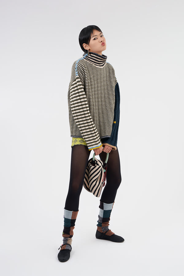 **YANYAN KNITS FOR JOYCE** Oversized Rib Turtleneck Pullover in Military/Navy Stripe Lambswool