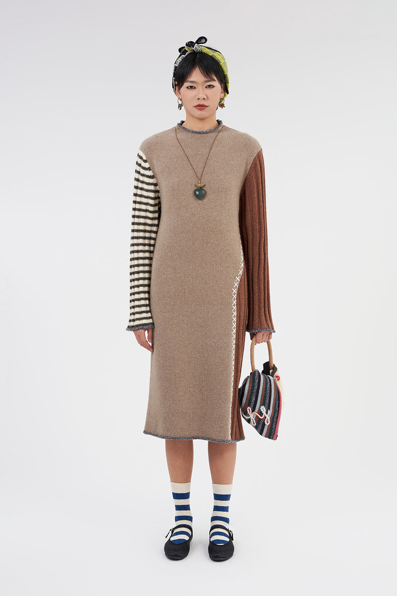 **YANYAN KNITS FOR JOYCE** Turtleneck Midi Dress in Mink/Hazelnut Stripe Lambswool