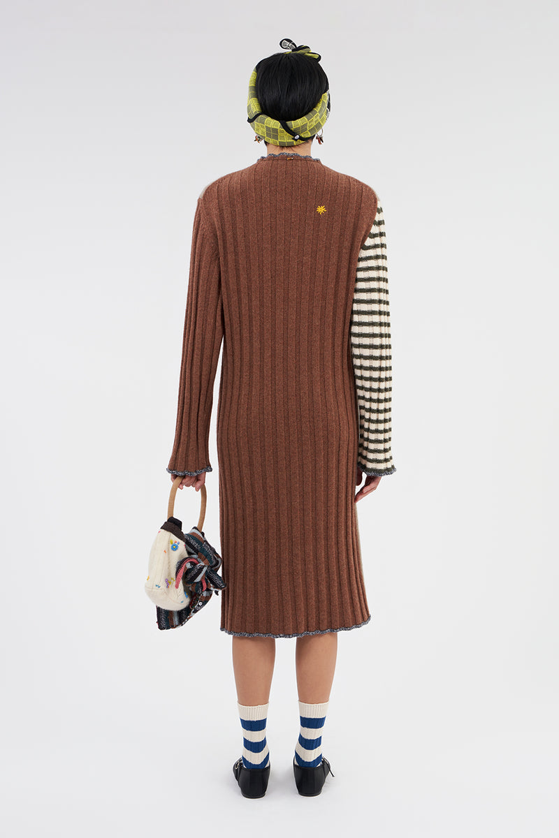 **YANYAN KNITS FOR JOYCE** Turtleneck Midi Dress in Mink/Hazelnut Stripe Lambswool