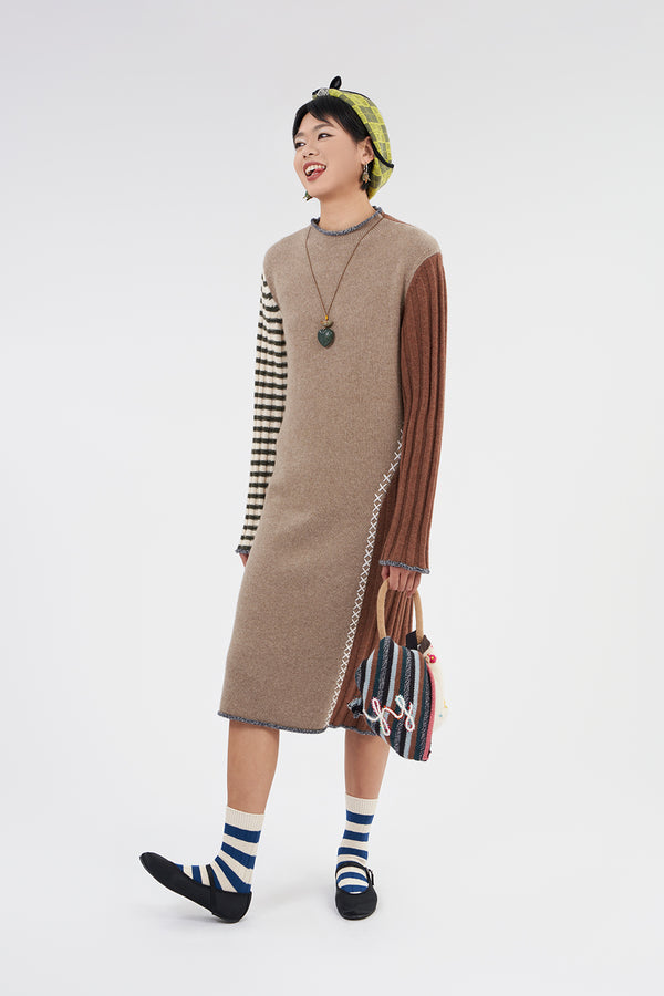 **YANYAN KNITS FOR JOYCE** Turtleneck Midi Dress in Mink/Hazelnut Stripe Lambswool