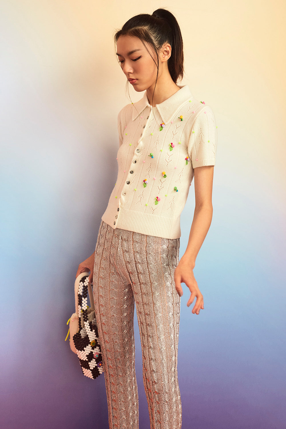 Rosie Short Sleeve Cardigan in Ice White Lambswool