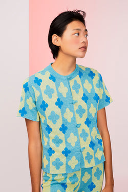 May Short Sleeve Mandarin Shirt in Aqua/Lemon Linen