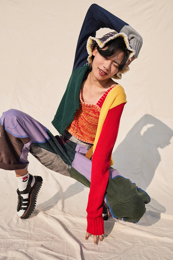 Choi-Hung Colorblock Extra Long Sleeve Cardigan in Rainbow Chunky Cotton