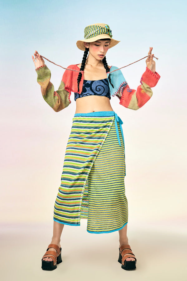 Mabo (Linen) Wrap Skirt in Lime/Sunset Spacedye Stripe