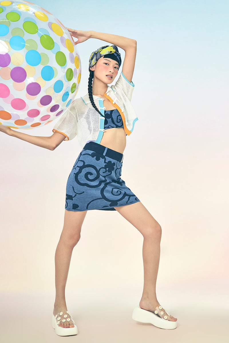 Fafa Mini Skirt in Indigo Linen Jacquard