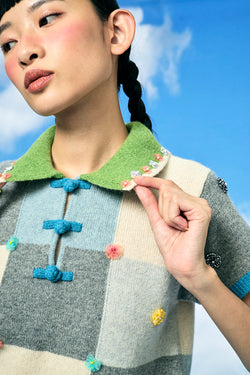 Checked Short Sleeve Shirt in Blue/Green Lambswool