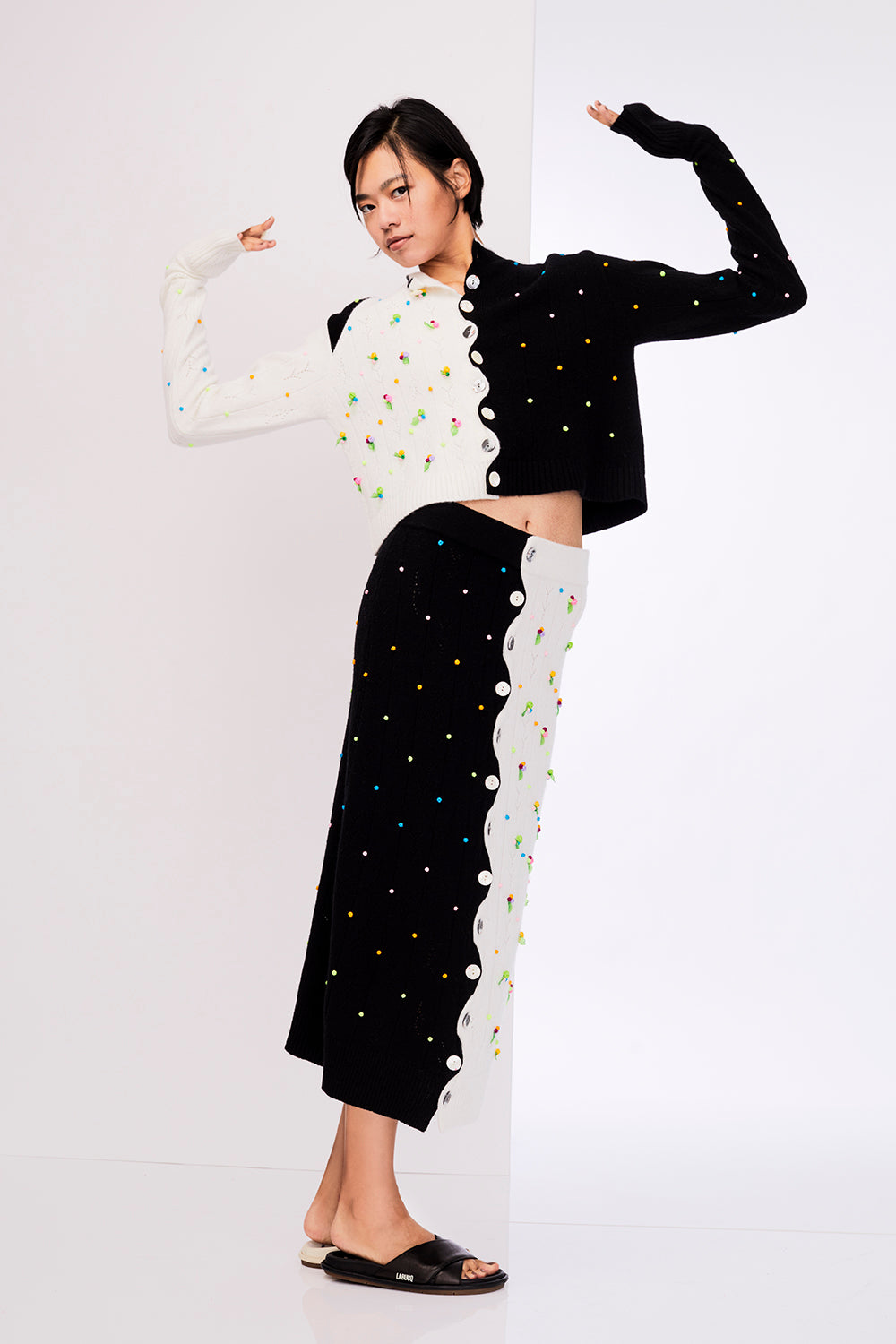 Rosie Extra Long Sleeve Cardigan in Black/White Lambswool – YanYan