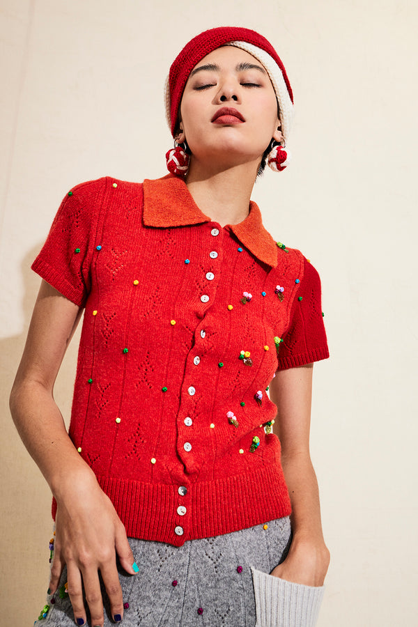 Rosie Short Sleeve Cardigan in Tomato Lambswool