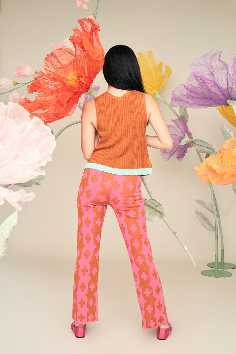 May Trouser in Turmeric Linen Jacquard and in Raspberry Linen Jacquard