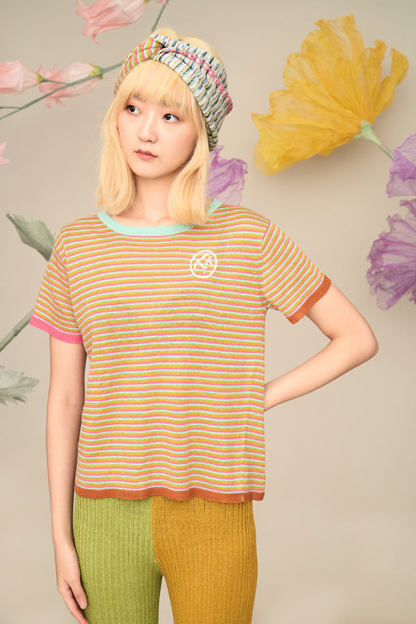 Mabo Microstripe Short Sleeve Tee in Fuchsia Multi Linen