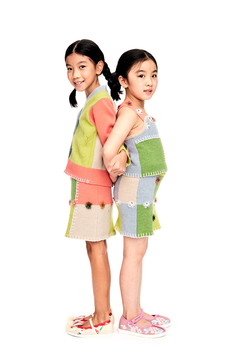 Kids Checked Mini Skirt in Lemon/Lime Lambswool