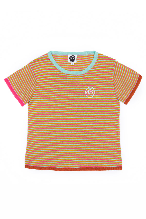 Mabo Microstripe Short Sleeve Tee in Fuchsia Multi Linen