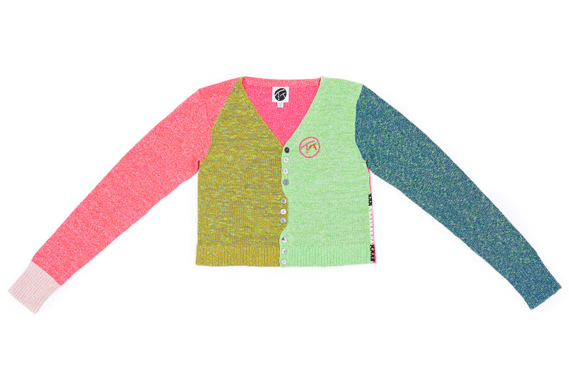 Romy Tweed Colorblock V-Neck Cardigan in Fuchsia Multi